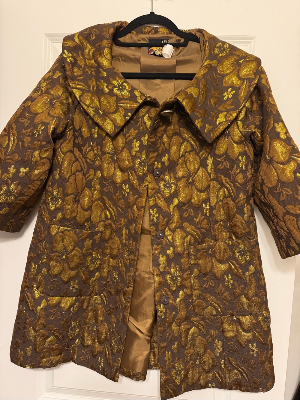 Women's Floral Brocade Coat Jacket in Gold and Brown